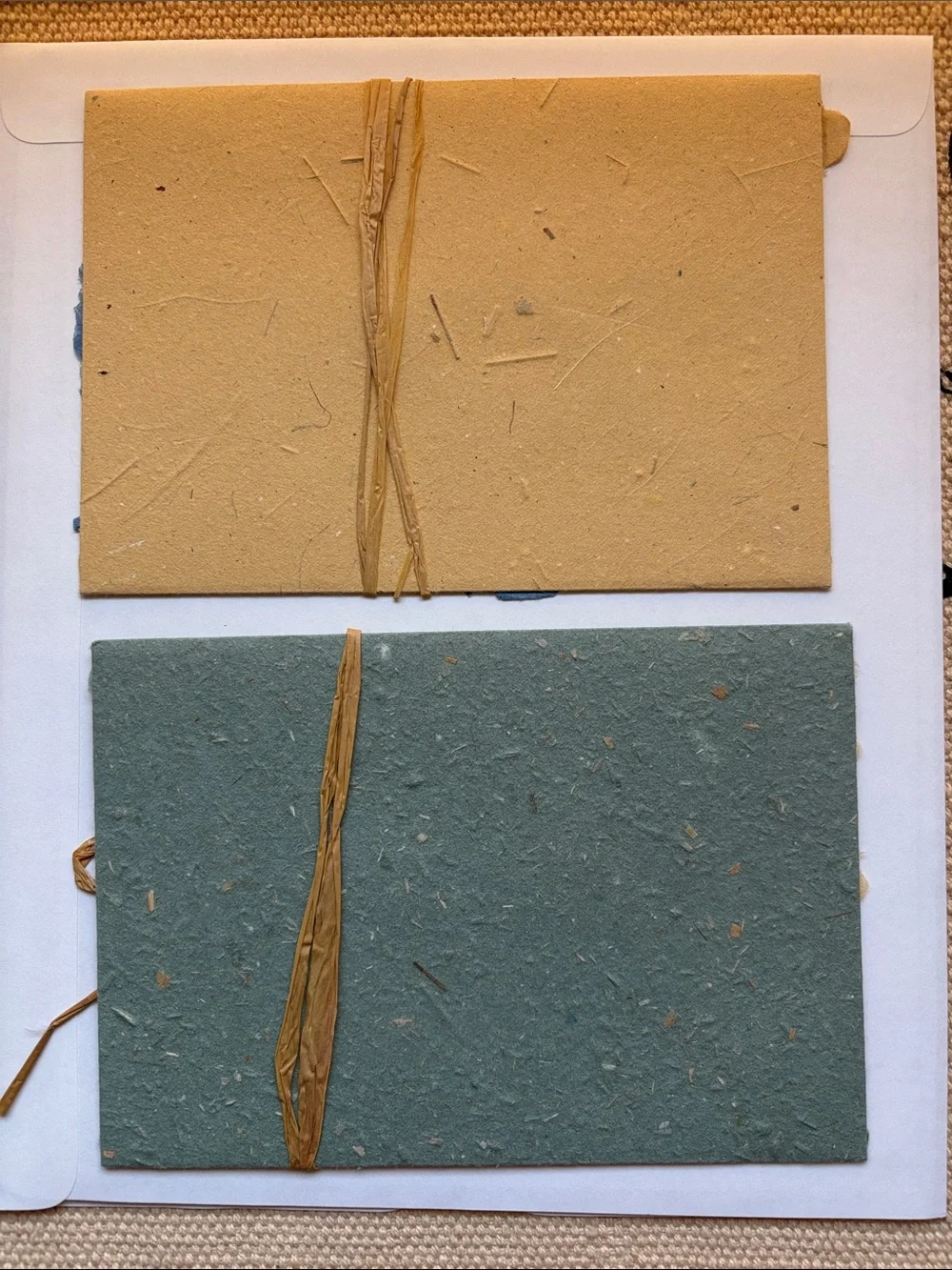 Two Handmade Blue & Green Decorative Envelopes and Note with Natural Raffia Tie